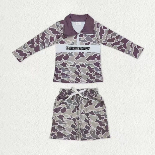 Baby Boys Southern Grey Camo Embroidery Mama's Boy Zip Pullover Pockets Shorts Clothes Sets