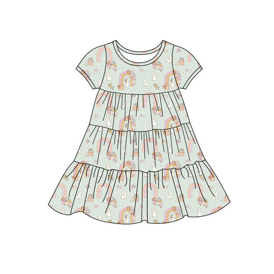 Preorder(moq 5) Baby Girls Rabbits Rainbows Easter Patchwork Ruffle Knee Length Dresses