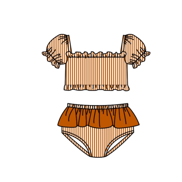 Preorder moq 5 Baby Girls Orange Stripe Vest Top Bummies Short Team Swimsuits