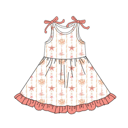 Preorder (moq 5)Baby Girls Bows Sleeveless Sea World Stripe Ruffle Knee Length Dresses