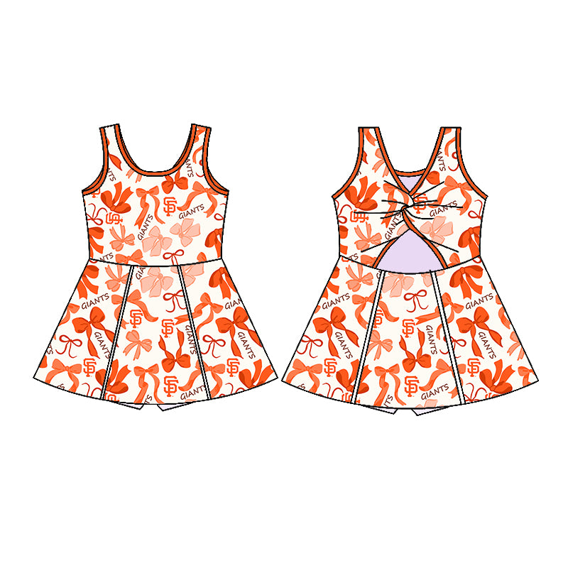 Preorder (moq 5)Baby Girls Sleeveless Orange Bows Plaid Giants SF Short Team Knee Length Dresses