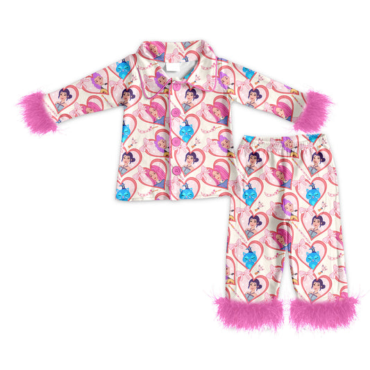 Preorder (moq 5)Baby Girls Pink Hearts Demon Hunter Button Top Pants Fur Sleeve Pajamas Sets