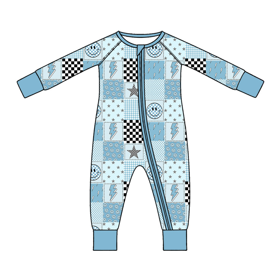 Preorder (moq 5) Baby Boy Clothes Patchwork Check Smile Star Lightning Mixed Print Long Sleeve Zipper Baby Romper