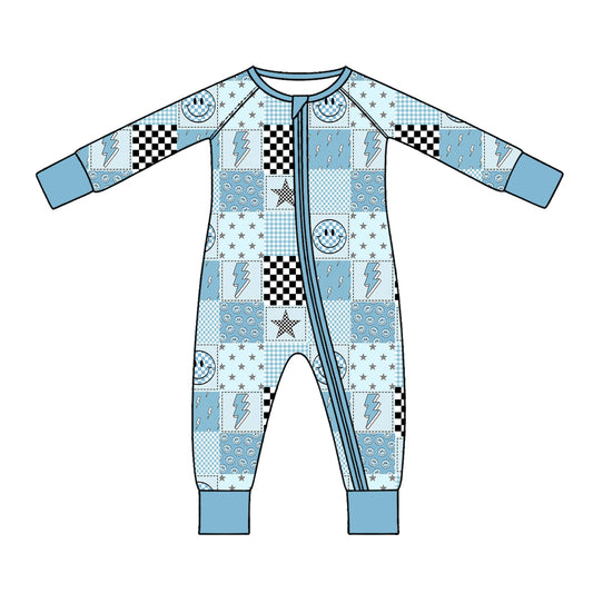 Preorder (moq 5) Baby Boy Clothes Patchwork Check Smile Star Lightning Mixed Print Long Sleeve Zipper Baby Romper