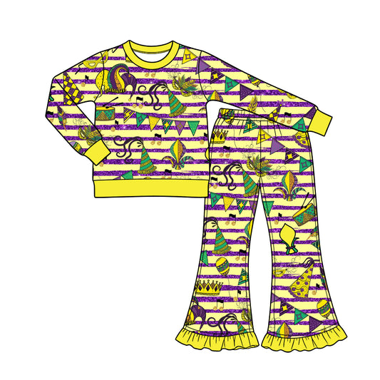 Preorder (moq 5) Baby Girl Clothes Mardi Gras Striped Party Hat Musical Mixed Print Long Sleeve Flare Pant Set