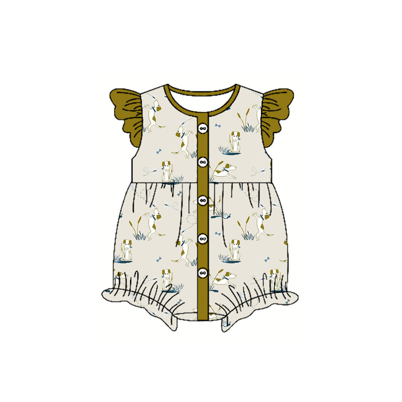 Preorder(moq 5)Baby Infant Girls Flutter Sleeves Button Dogs Bees Ruffle Rompers