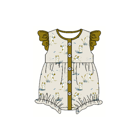 Preorder(moq 5)Baby Infant Girls Flutter Sleeves Button Dogs Bees Ruffle Rompers