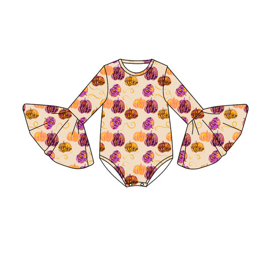 Preorder (moq 5)Baby Girls Bell Sleeve Colorful Pumpkins Fall Ruffle Rompers