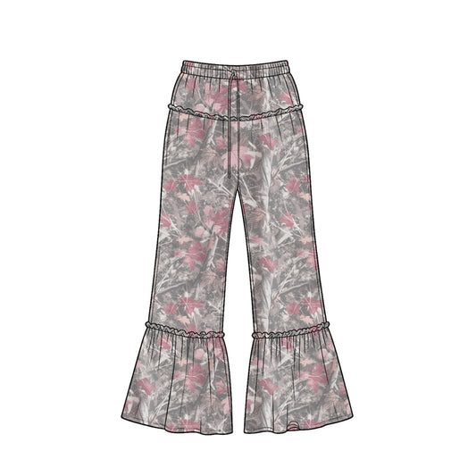 Preorder (moq 5) Baby Girl Clothes Grey Pink Tree Camo Print Ruffle Waist Ruffle Hem Flare Pants