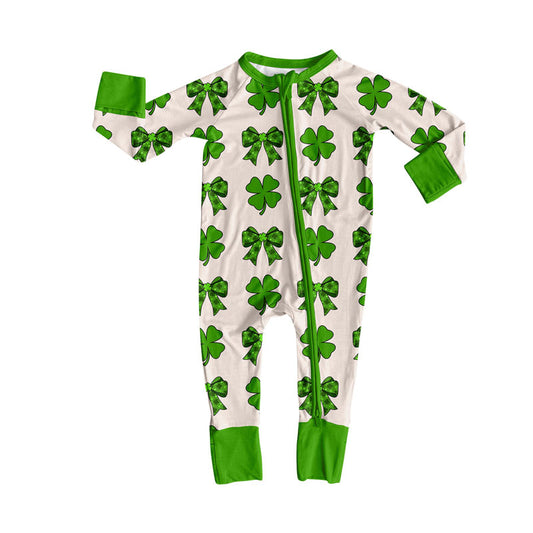Preorder (moq 8)Baby Boys Long Sleeve Green Bows Clovers St Patrick Zipper Footie Rompers