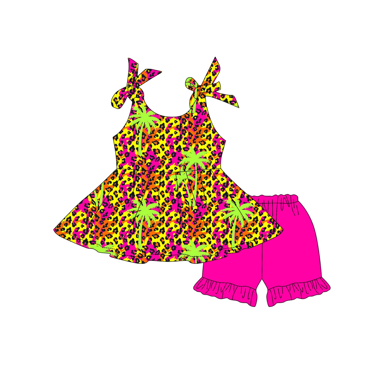 Preorder moq 5 Baby Girls Strap Colorful Leopard Beach Tunic Hot Pink Ruffle Short Set