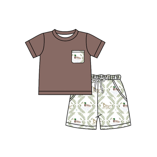 Preorder (moq 5)Baby Boys Dark Brown Short Sleeves Pocket Top Dogs Ducks Short Set
