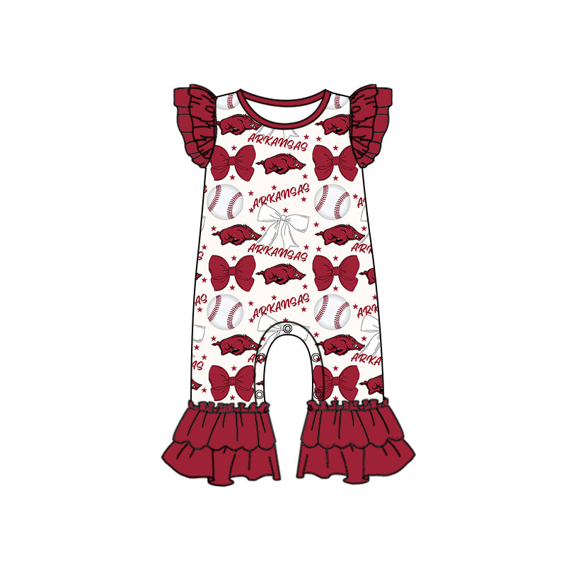 Preorder (moq 5)Baby Girls Dark Red Flutter Sleeves Baseball Bows Arkansas Ruffle Pant Team Rompers
