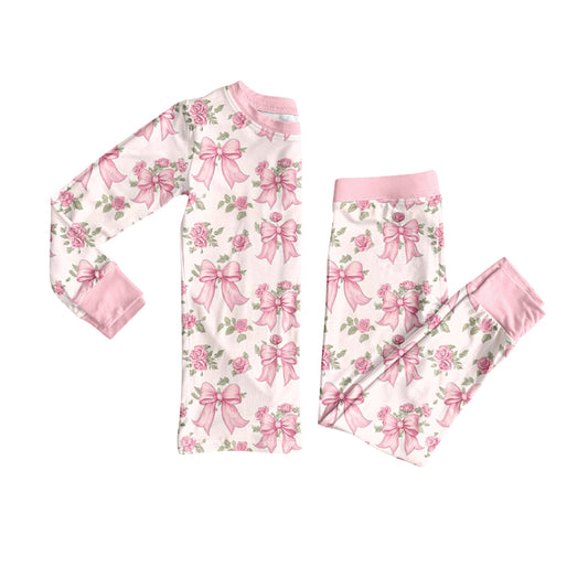 Preorder (moq 5)Baby Girls Long Sleeves Pink Flowers Bows Plaid Top Pants Pajamas Set