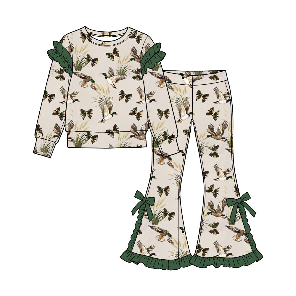 Preorder (moq 5) Baby Girl Clothes Grass Bow Mallard Duck Print Long Sleeve Ruffle Top Flare Pant Set