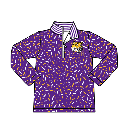 Preorder(moq 8)Baby Boys Purple Sprinkles Zipper LSU Tiger Team Pullovers Top