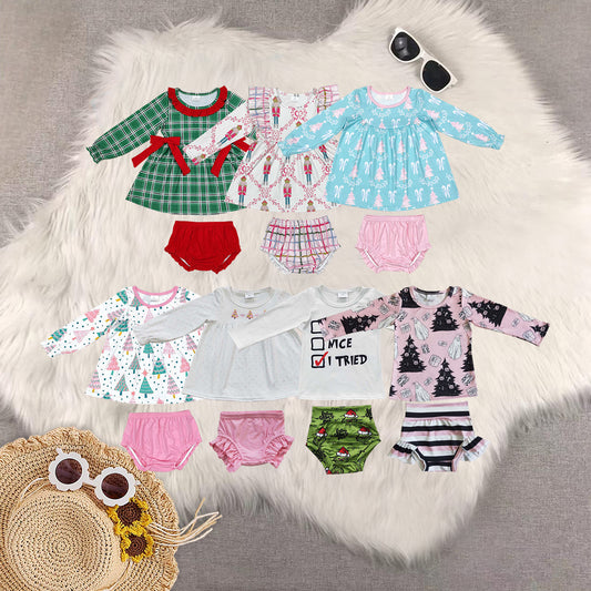 Sibling Baby Girls Long Sleeves Christmas Trees Candy Cane Tunic Ruffle Bummie Sets