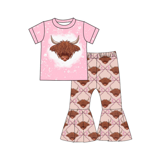 Preorder (moq 5)Baby Girls Highland Cows Top Bell Bottom Pant Western Clothes Sets
