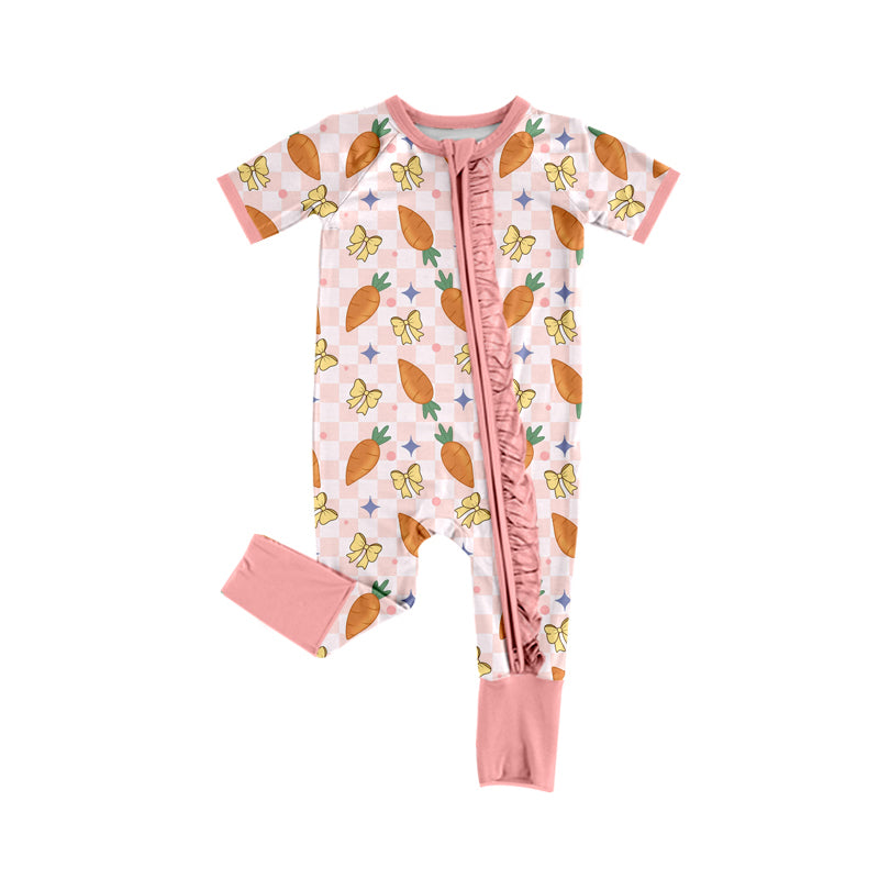 Preorder (moq 5)Baby Girls Carrots Bows Checked Easter Two Way Ruffle Zip Convertible Rompers