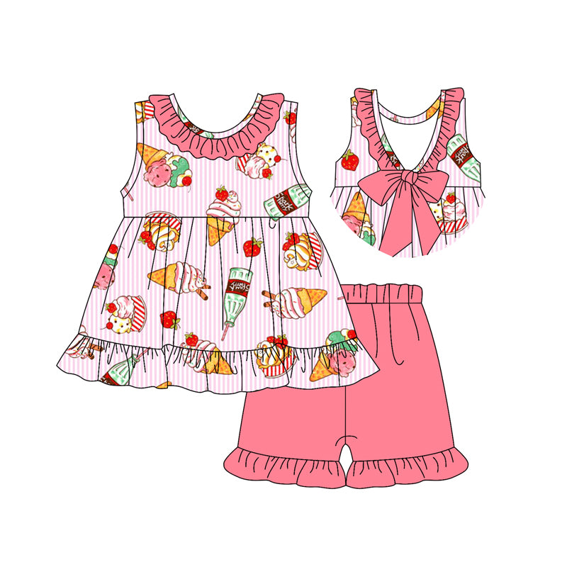 Preorder (moq 5)Baby Girls Pink Stripe Sleeveless Ice Cream Backless Bow Tunic Ruffle Short Set