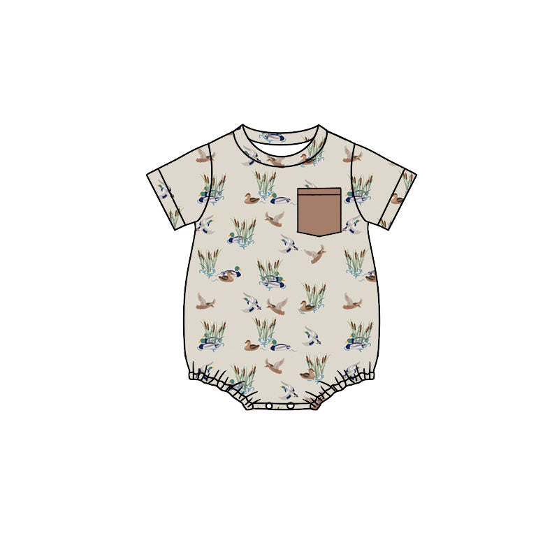 Preorder (moq 5)Baby Boys Ducks Plaid Pockets Short Sleeve Rompers