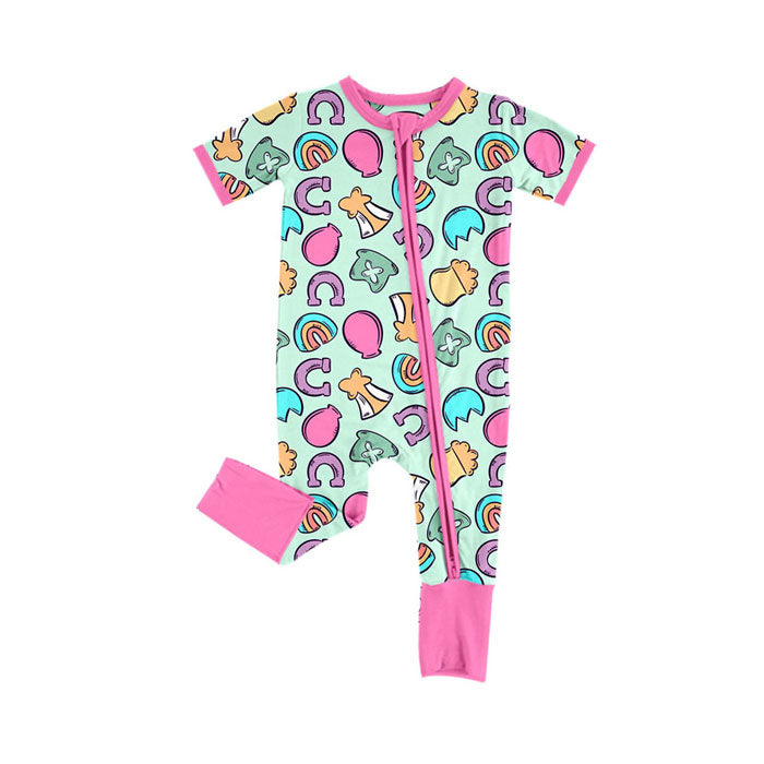 Preorder(moq 8)Baby Girls Rainbows Hats St Patrick Zipper Footie Rompers