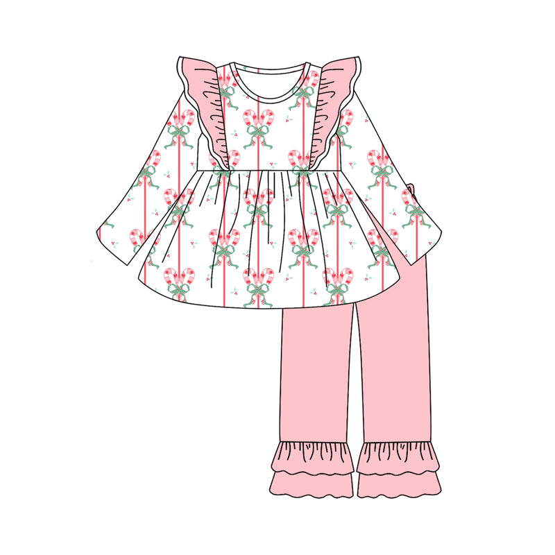 Preorder (moq 5)Baby Girls Long Sleeves Bows Candy Cane Stripe Tunic Ruffle Pant Set