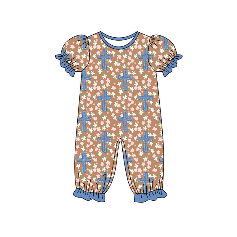 Preorder (moq 5)Baby Girls Flowers Crosses Easter Ruffle Footie Rompers