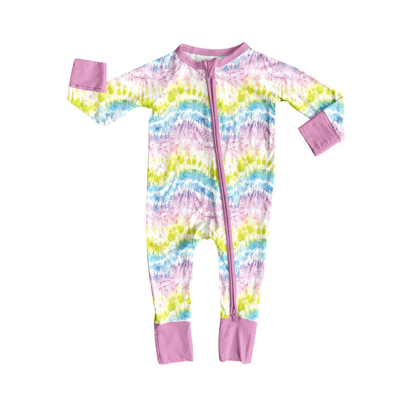 Preorder (moq 5)Baby Girls Colorful Stripe Long Sleeve Zipper Footie Rompers