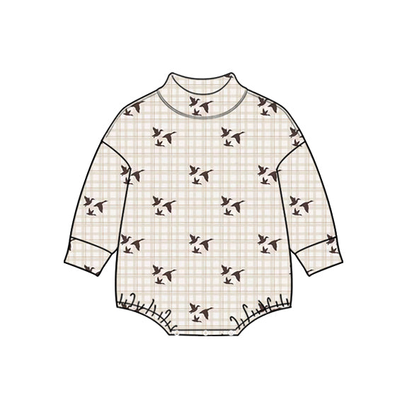 Preorder (moq 5) Baby Boy Clothes Plaid Duck Hunting Theme Print Long Sleeve Bubble Romper
