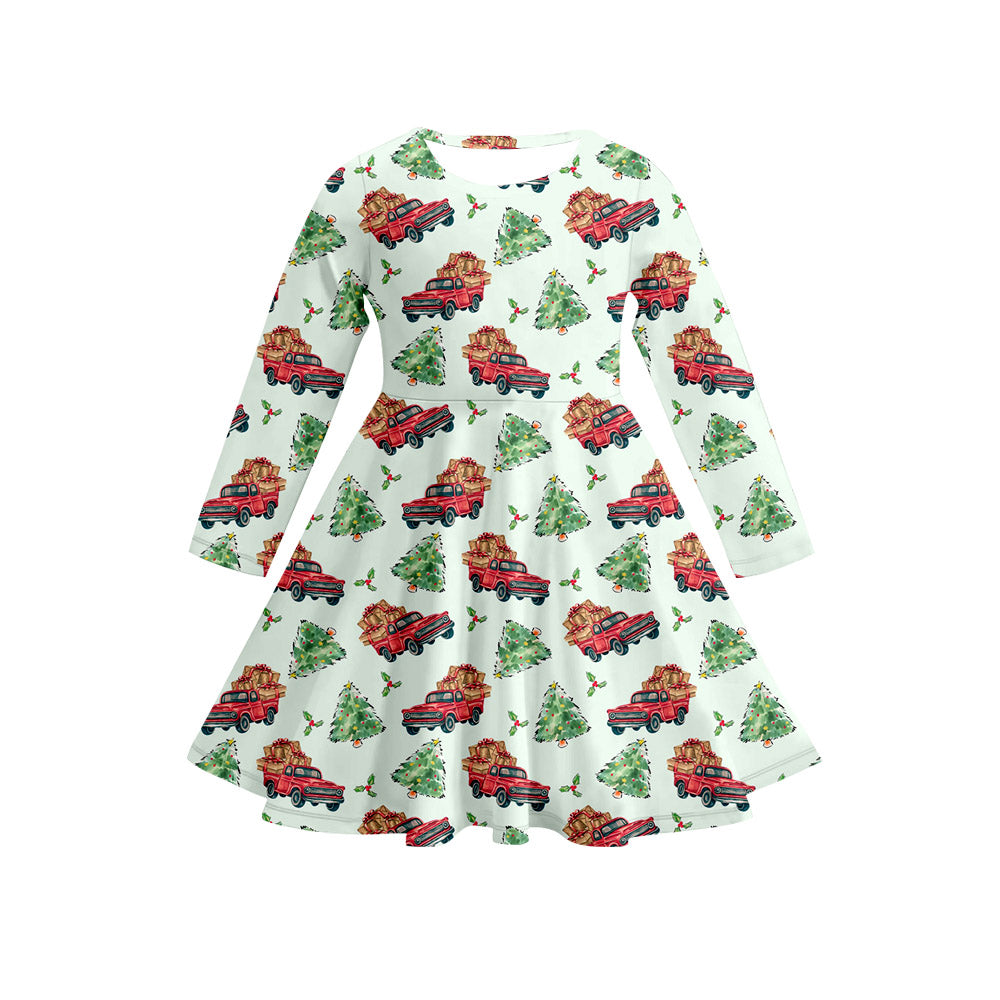 Preorder (moq 5)Baby Girls Long Sleeves Christmas Trees Holly Plaid Knee Length Dresses