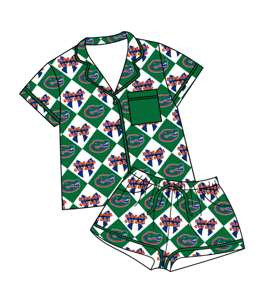 Preorder moq 5 Baby Girls Crocodiles Bows Button Pocket Top Shorts Team Pajamas Set