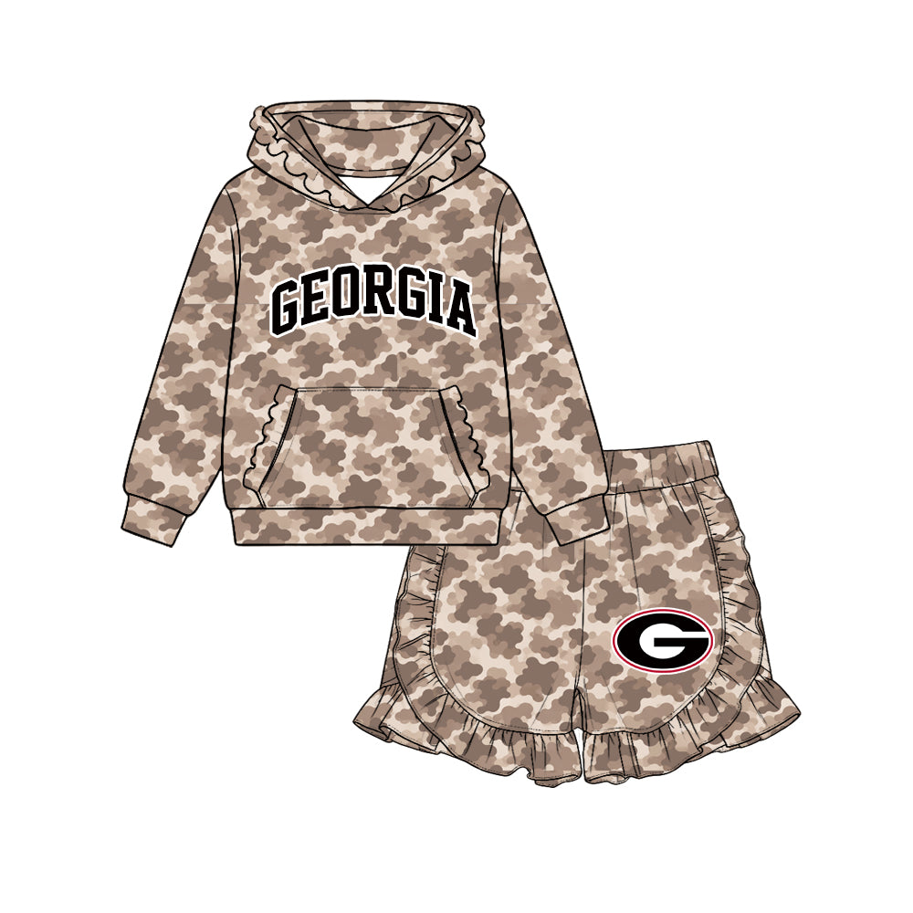 Preorder (moq 5) Baby Girl Clothes Georgia G Logo Camo Print Long Sleeve Ruffle Hoodie & Ruffle Short Set