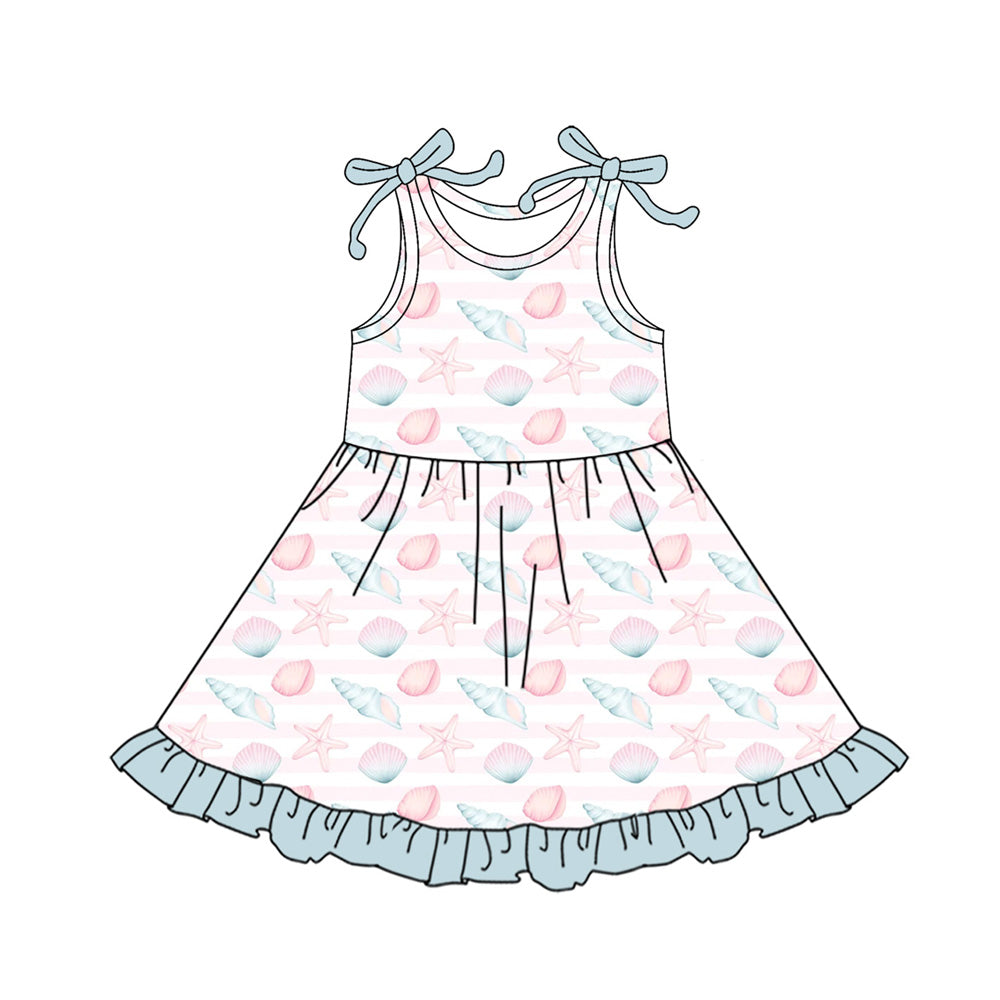 Preorder (moq 5)Baby Girls Bows Sleeveless Sea World Ruffle Knee Length Dresses