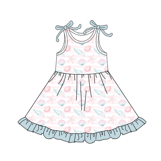 Preorder (moq 5)Baby Girls Bows Sleeveless Sea World Ruffle Knee Length Dresses