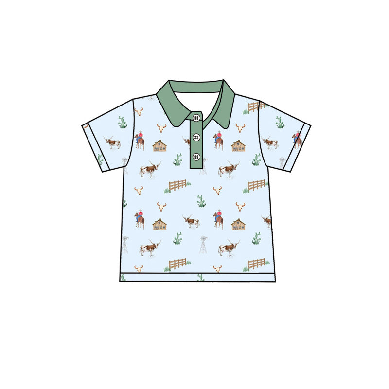 Preorder moq 5 Baby Boys Short Sleeve Horses Cows Western Button Polo Shirts Top