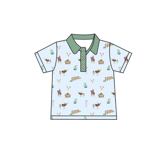 Preorder moq 5 Baby Boys Short Sleeve Horses Cows Western Button Polo Shirts Top