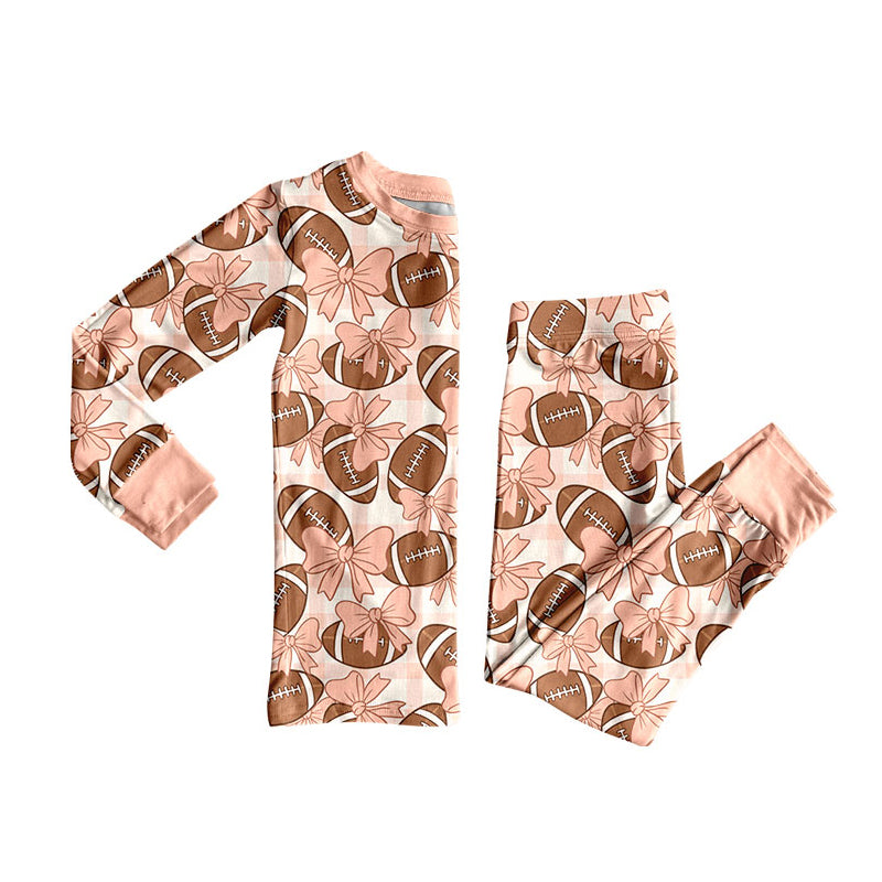 Preorder (moq 20)Baby Girls Bamboo Pink Checked Bows Footballs Team Pajamas Sets