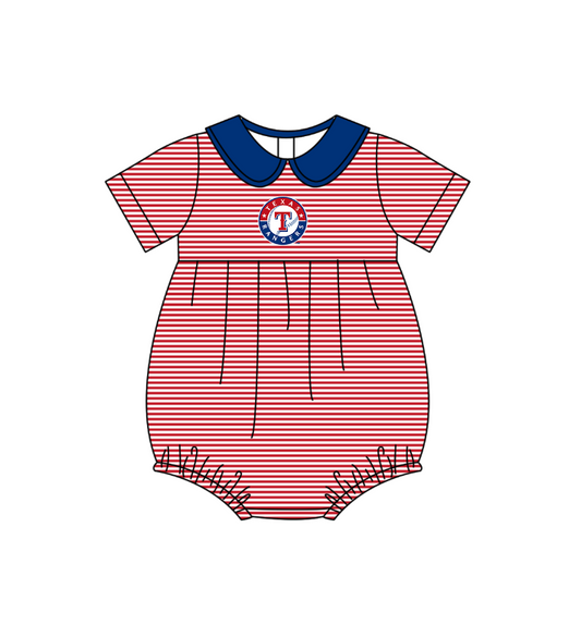 Preorder (moq 5)Baby Girls Short Sleeve Texas Rangers Stripe Team Ruffle Rompers