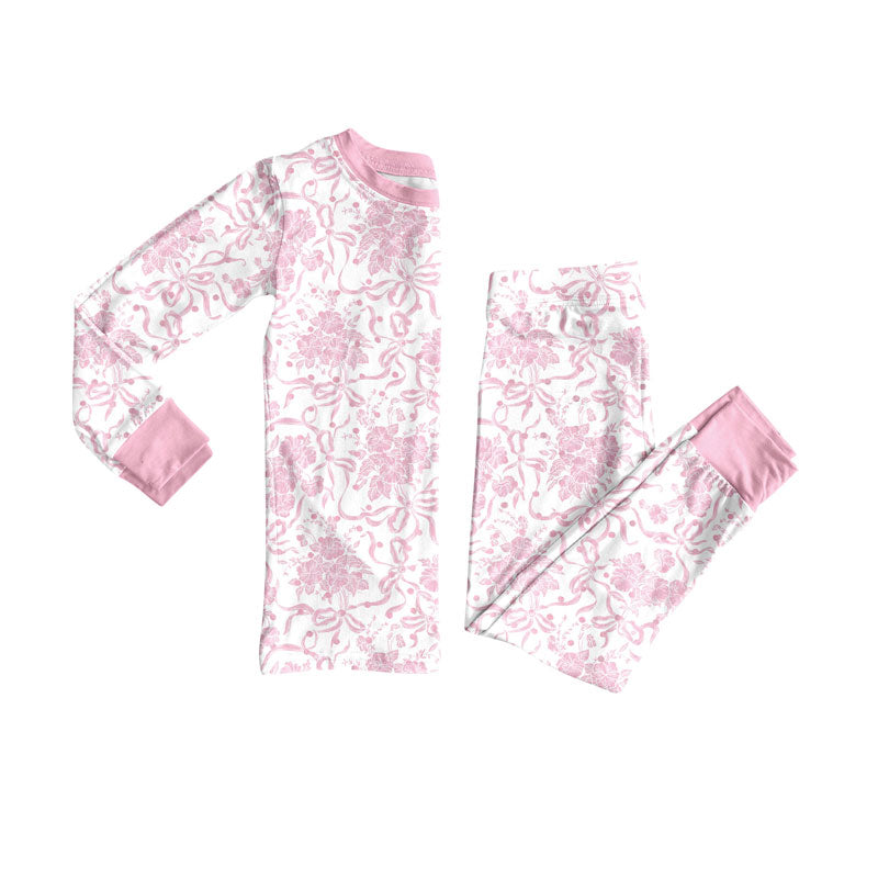 Preorder(moq 8)Baby Girls Pink Flowers Bows Top Pants Pajamas Sets