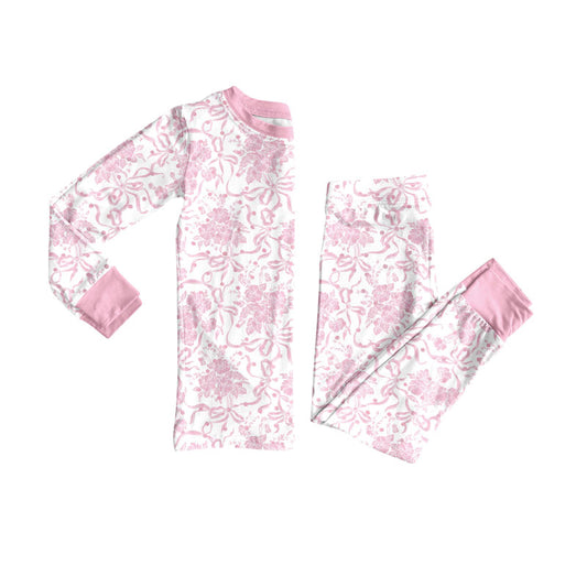 Preorder(moq 8)Baby Girls Pink Flowers Bows Top Pants Pajamas Sets