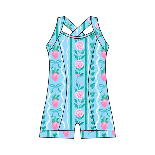 Preorder moq 10 Baby Girls Strap Flowers Stripe Cherry Activity Wear Yoga Jumpsuits