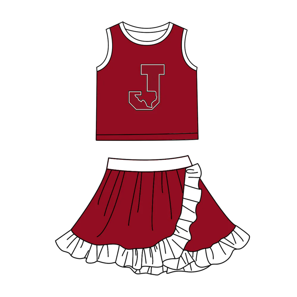 Preorder (moq 5)Baby Girls Red J Vest Top Ruffle Skirt Short Team Clothes Sets