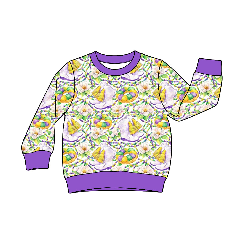 Preorder (moq 5) Baby Girl Clothes Mardi Gras Magnolia Cowboy Boot King Cake Bead Print Long Sleeve Top
