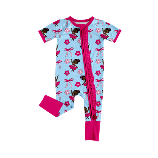Preorder (moq 5)Baby Girls Bows Flowers Princesses Two Way Ruffle Zip Convertible Rompers