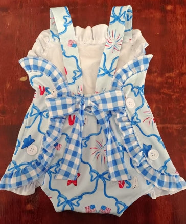 Preorder moq 5 Baby Girls Strap Blue Bows Flags 4th Of July Ruffle Rompers