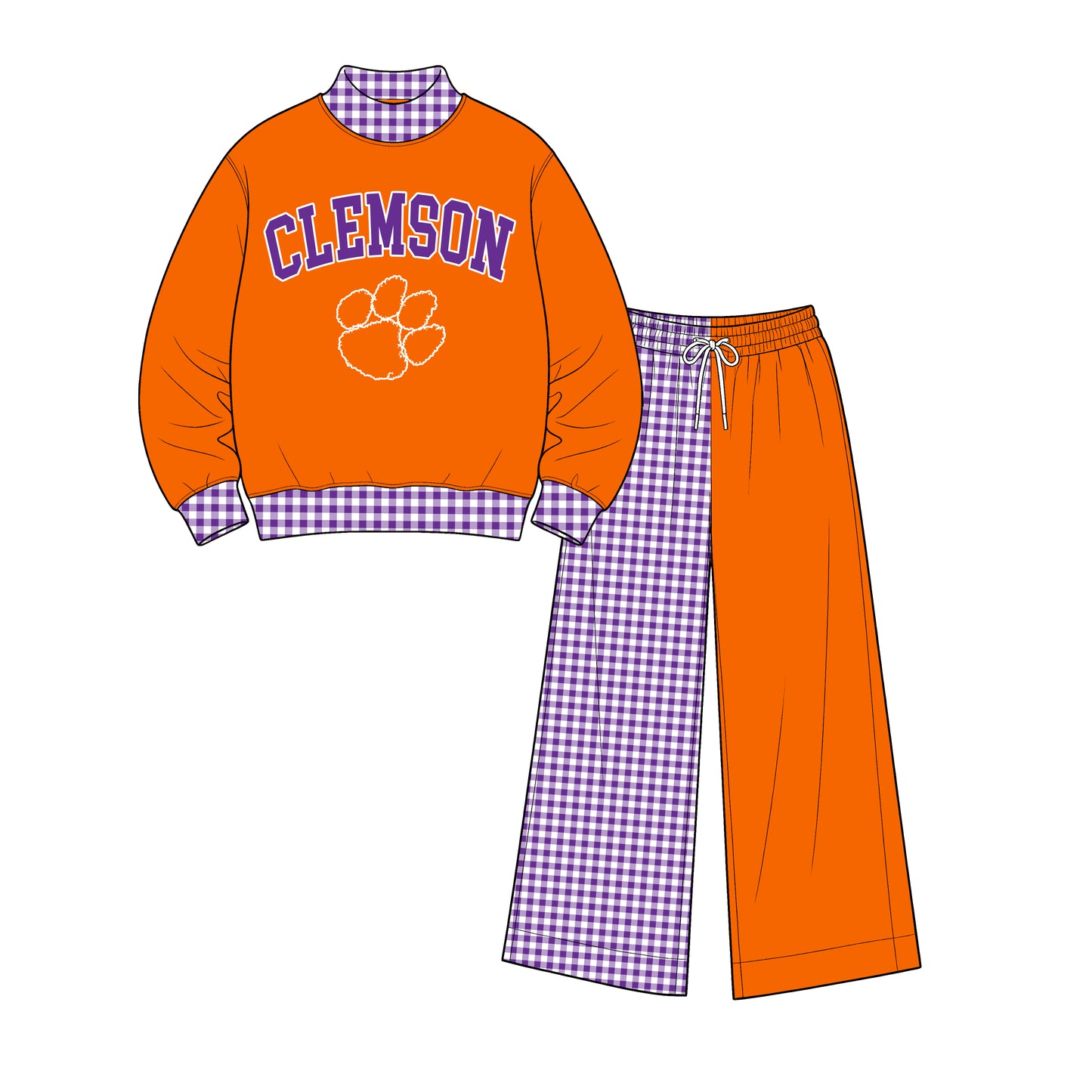 Preorder(moq 5)Baby Girls Long Sleeve Clemson Top Wide Pants Team Clothes Sets