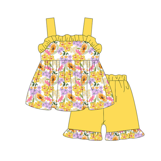 Preorder (moq 5)Baby Girls Yellow Strap Watercolor Floral Tunic Ruffle Short Set Preorder