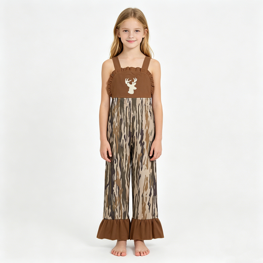 Embroidery Deer Baby Girls Strap Southern Olive Wood Camo Hunting Jumpsuits