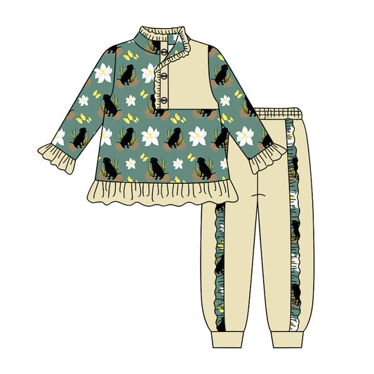 Preorder (moq 5)Baby Girls Dogs Ducks Button Top Ruffle Joggers Hunting Clothes Sets